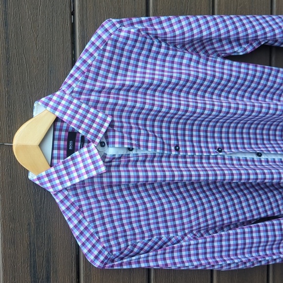 Hugo Boss Men's Slim Fit Purple & White Plaid Shirt - M Like New - Picture 3 of 8